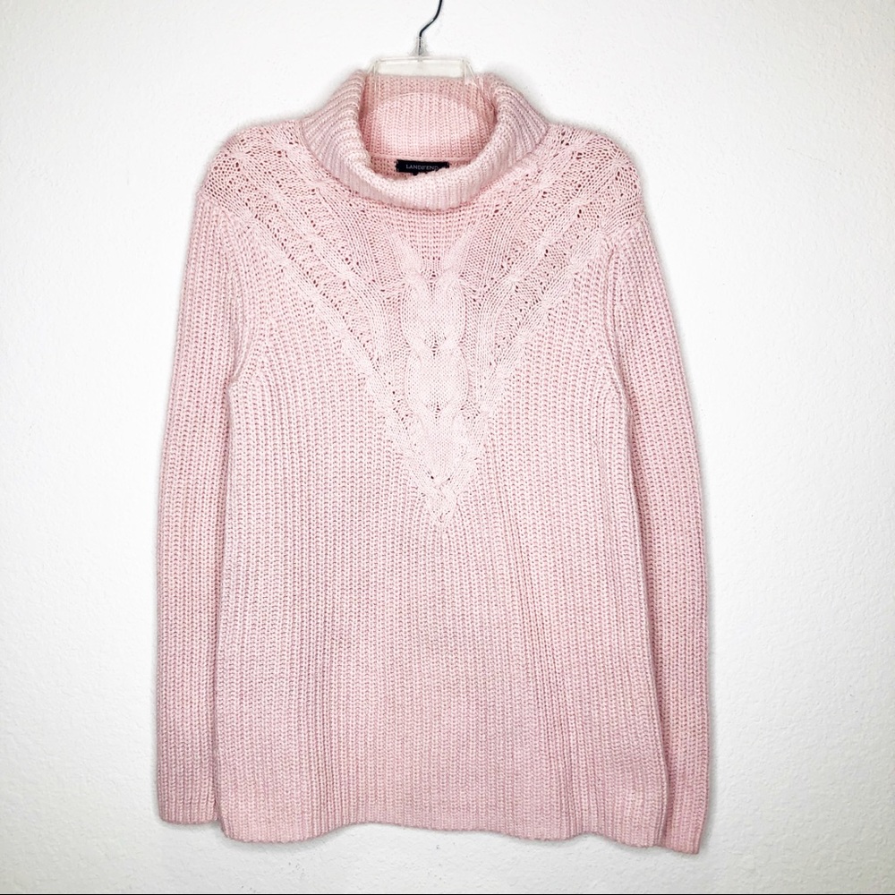 NEW Lands’ End Fisherman Wool Chunky Knit Turtleneck Sweater in Pale Pink